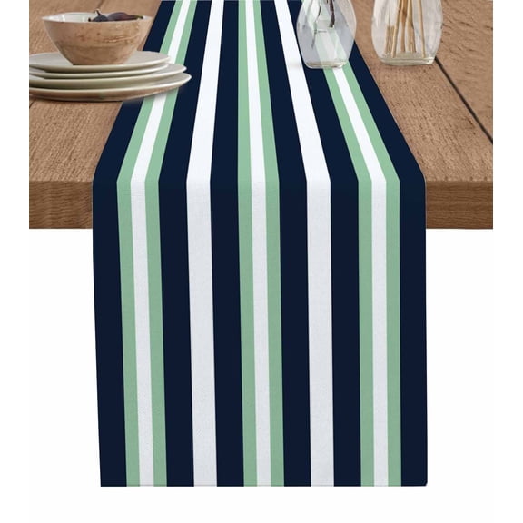 Green Navy Blue Striped Table Runner Cotton Linen 36 Inch Holiday Dresser Scarves, Chic Abstract Lines Geometric Tablerunner for Kitchen Coffee Dining Bedroom Dinner Scarf Décor 13''x36''