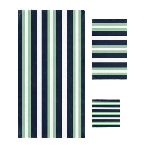 Green Navy Blue Striped Towel Set of 3, Soft Microfiber Bath Towels, Hand Towel, Washcloths, Chic Abstract Lines Geometric Quick-Dry Absorbent Towels for Bathroom Kitchen Hotel Beach Gym Spa