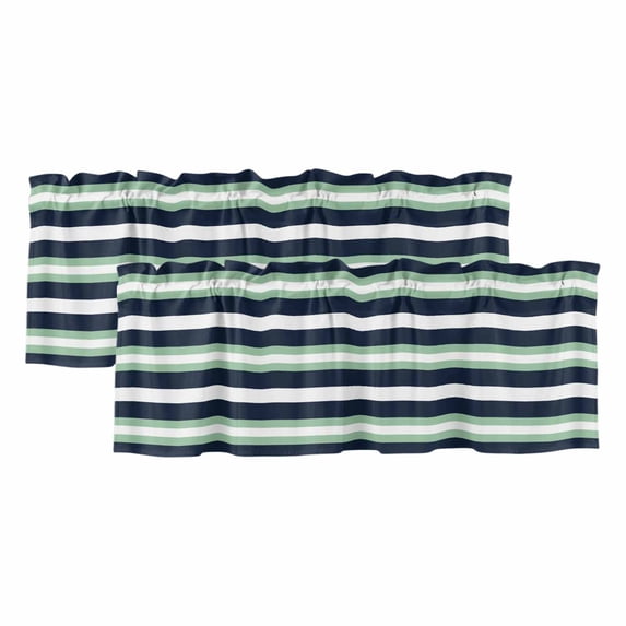 Green Navy Blue Striped Valances for Windows, Decorative Rod Pocket Window Valance Curtains, Chic Abstract Lines Geometric Short Curtain Drapes for Kitchen/Living Room, 2 Panels, 60" W x 18" L