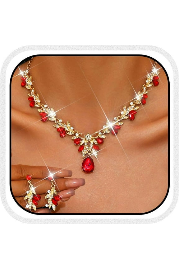 Green Necklace and Earring Set Rhinestone Formal Wedding Jewelry Sets for Women