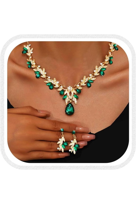 Green Necklace and Earring Set Rhinestone Formal Wedding Jewelry Sets for Women
