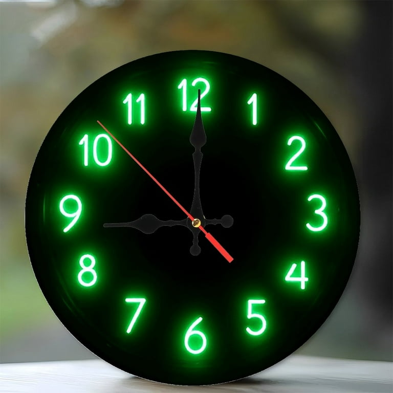 Green Neon Clock Wall Decor Large Size 10-Inch Silent Wooden Wall