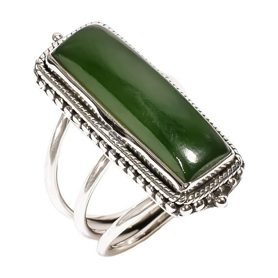 Green Nephrite Jade Stone 925 Sterling Silver Statement Ring Gift Jewelry for Her and Him