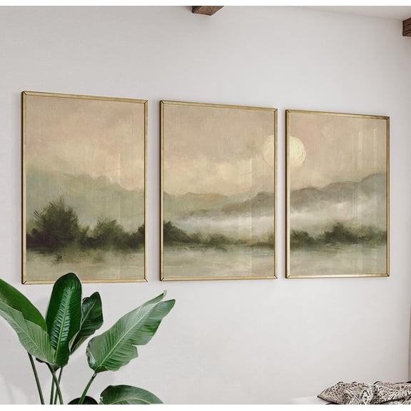 Green Neutral Misty Landscape Set Of Minimal Mountain Wall Art Set 3 Stretched Canvas
