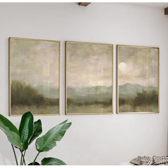 Green Neutral Misty Landscape Set Of Minimal Mountain Wall Art v2 Set 3 Stretched Canvas