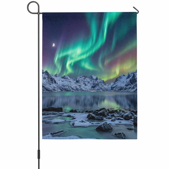 Green North Lights Garden Flag 12 x 18 Inches, Majestic Snow Mountains Lake Borealis Serene Weather Proof Outdoor Patio Flags Double Sided Small Garden Decoration for Yard Outside Home