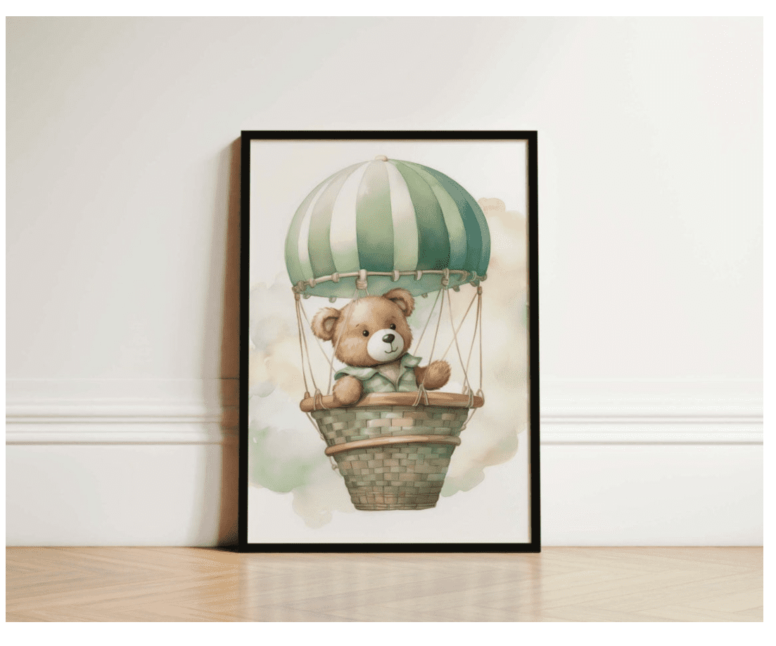 Green Nursery Print Teddy Bear In Hot Air Balloon Boho Nursery Wall Art ...