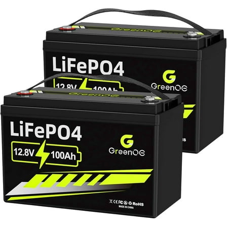 GreenOE 12V 100Ah LiFePO4 Battery Group 31 with Built-in 100A BMS, 15000 Deep Cycles Rechargeable Lithium Battery Prefect for Solar System, Rvs, Marine, Vans, Trailer, Backup (2 Units)