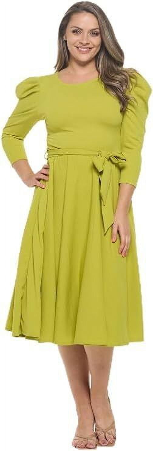 Women's Summer Swing Puff 3/4 Sleeve Midi Cocktail Pockets with Tie Waist  for Party, Formal and Casual Dresses(Green Oasis 2X Plus Size)