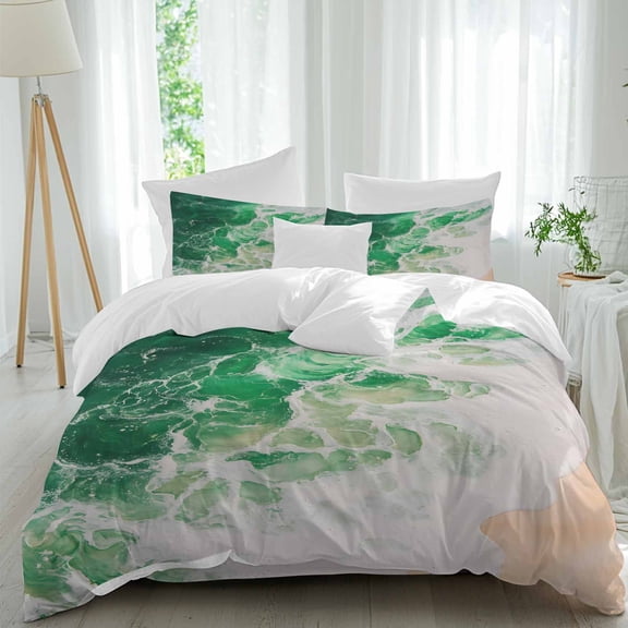 Green Ocean Duvet Cover Set King Size, Wave Coastal Beach Seaside Scenery Abstract 4 Piece Soft Microfiber Bedding Set with 1 Duvet Cover, 1 Flat Sheet, 2 Pillowcases