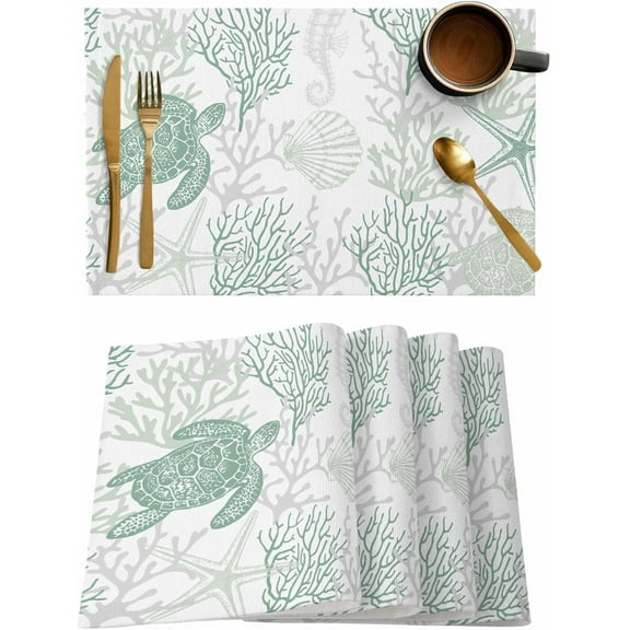 Green Ocean Turtle Placemats Set of 4,Washable Woven Burlap Cloth Fabric Placemat for Square/Rectangle/Round/Oval Dining Table,Easy Clean Place Mats for Kids Grey Ocean Sea Coral Seahorse Shell