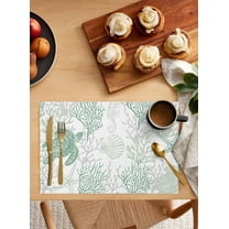 Green Ocean Turtle Placemats Set of 6,Washable Woven Burlap Cloth Fabric Placemat for Square/Rectangle/Round/Oval Dining Table,Easy Clean Place Mats for Kids Grey Ocean Sea Coral Seahorse Shell