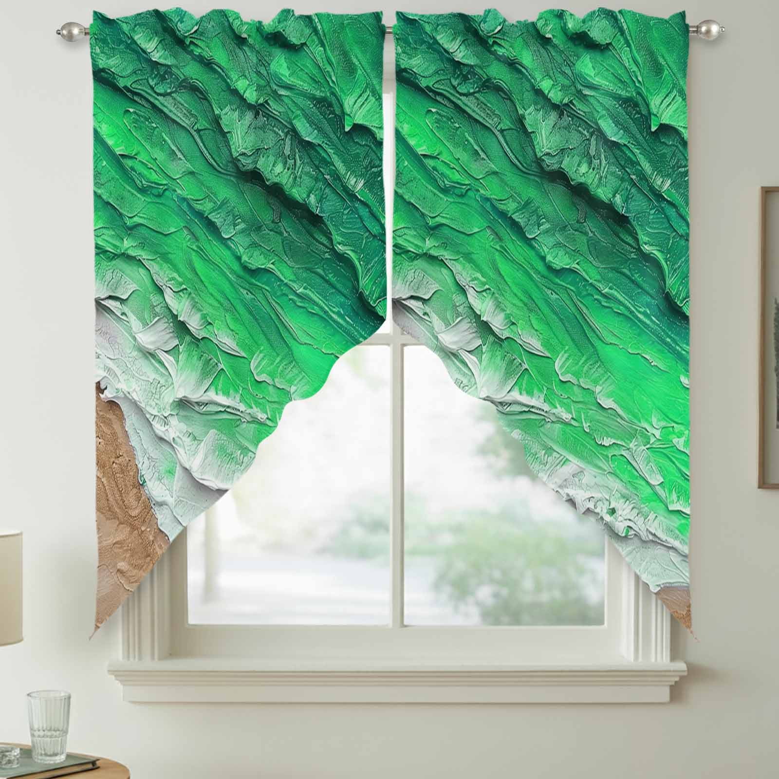 Rod Wave Fall Green Ocean Wave Swag Valances for Windows, Abstract Ombre Beach Rod ...