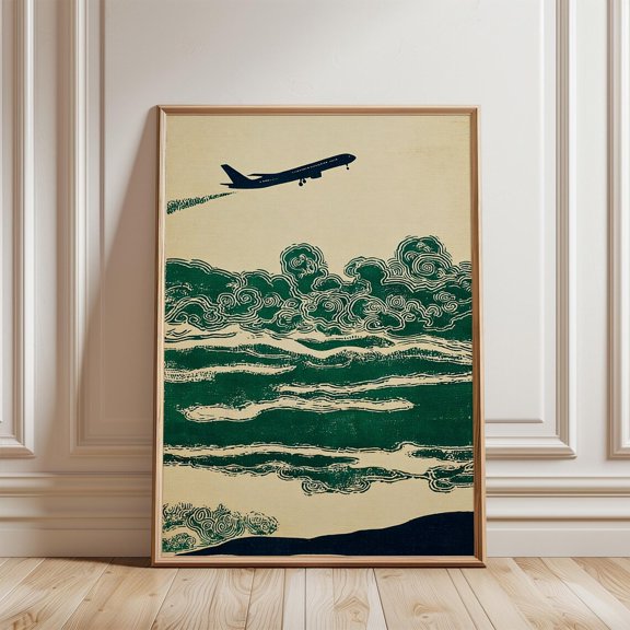 Green Ocean Waves Aviation Poster Abstract Plane Over Sea Travel Art, Unframed Poster