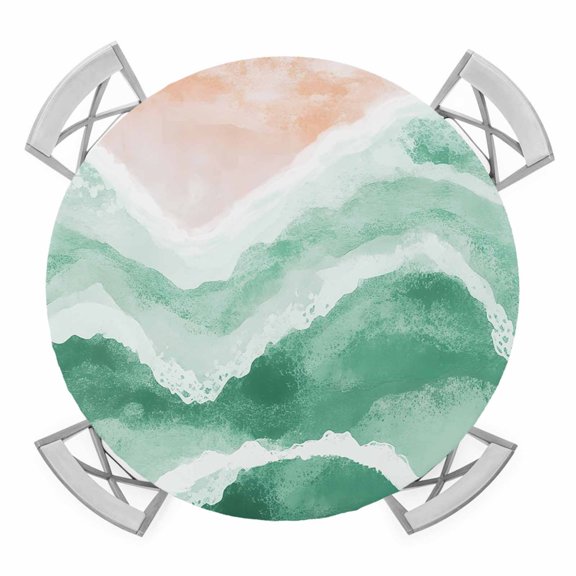 Green Ocean Waves Elastic Fitted Round Table Cover Beach Ombre Waterproof Outdoor Tablecloth for Holiday Party, Picnic, Patio & Dining Fits Tables Up to 36"-44"