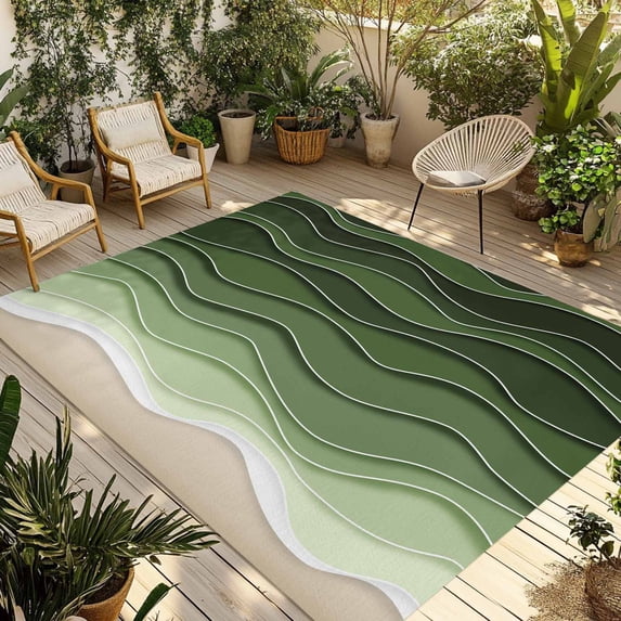 Green Ocean Waves Outdoor Rug 5x7 Ft - Reversible Patio Rug Outdoor Camping Rugs, Chic Rustic Abstract Ombre Stripes Art Indoor Outdoor Area Rugs, Non-Slip Outdoor Carpet Runner for Deck/Porch