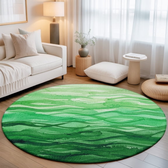 Green Ocean Waves Round Living Room Rugs 8 ft, Nautical Coastal Abstract Sea Gradient Lines Washable Large Area Rug with Non-Slip Sturdy Edge Binding Round Carpet for Dining Room Kitchen Office
