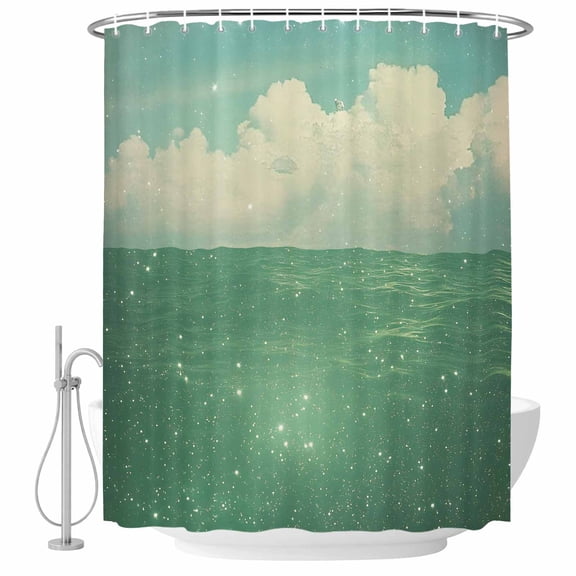 Green Ocean White Cloud Fabric Shower Curtain Vintage Style Washable Shower Curtains for Bathroom, Waterproof Bath Curtain with Hooks Home Decor 72x72in