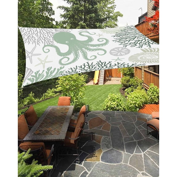 Green Octopus Waterproof Sun Shade Sail Coral Shell Ocean Starfish Marine Life Outdoor Patio Sun Shades Canopy UV Block Waterproof Sunshade for Garden Backyard Deck Pergola 6.5x10 Ft