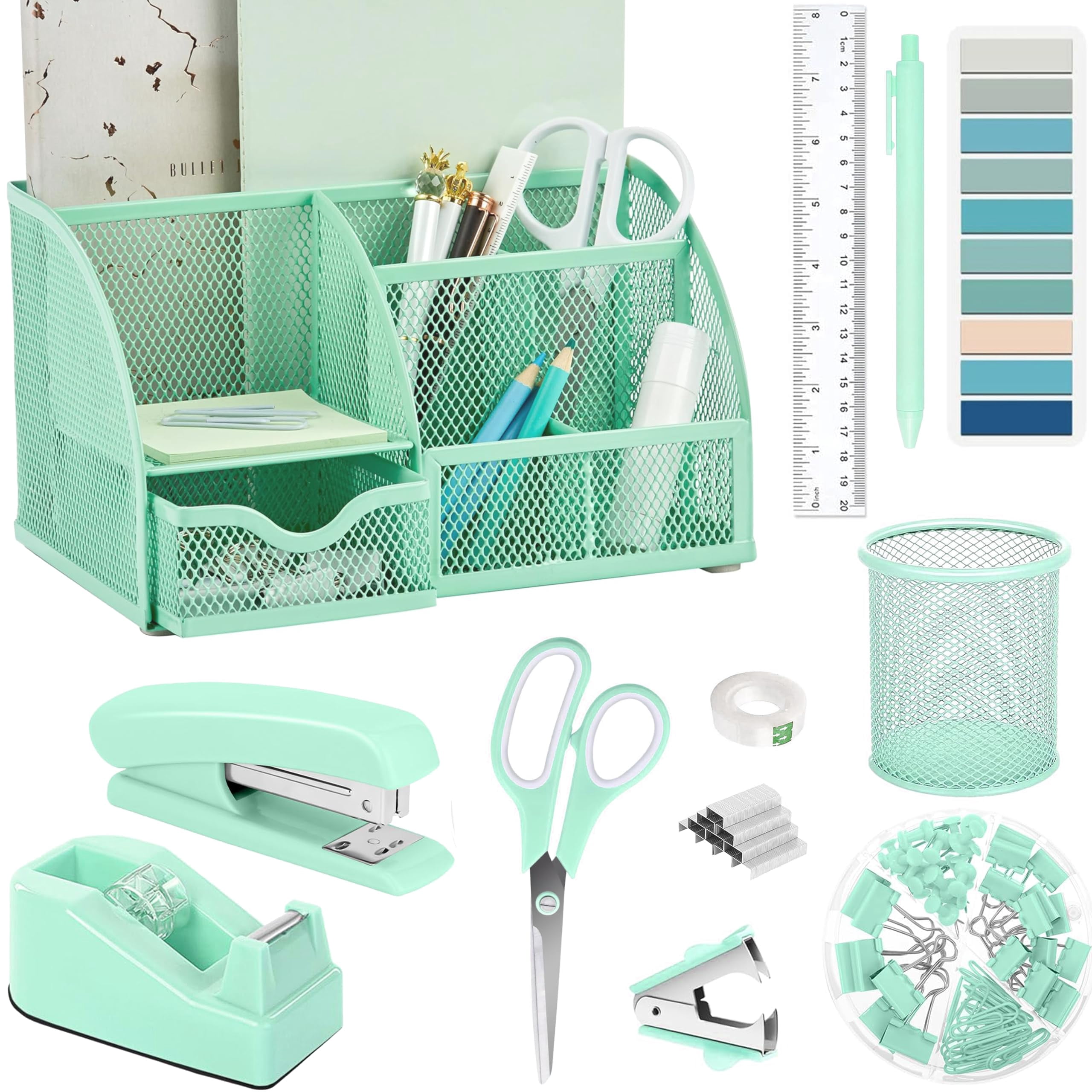 Green Office Desk Accessories Supplies  12pcs Organizers And With Tape Dispenser Stapler Staples Staple Remover Pen Holder Scissor Ruler Sticky Tabs Ballpoint Clips Set