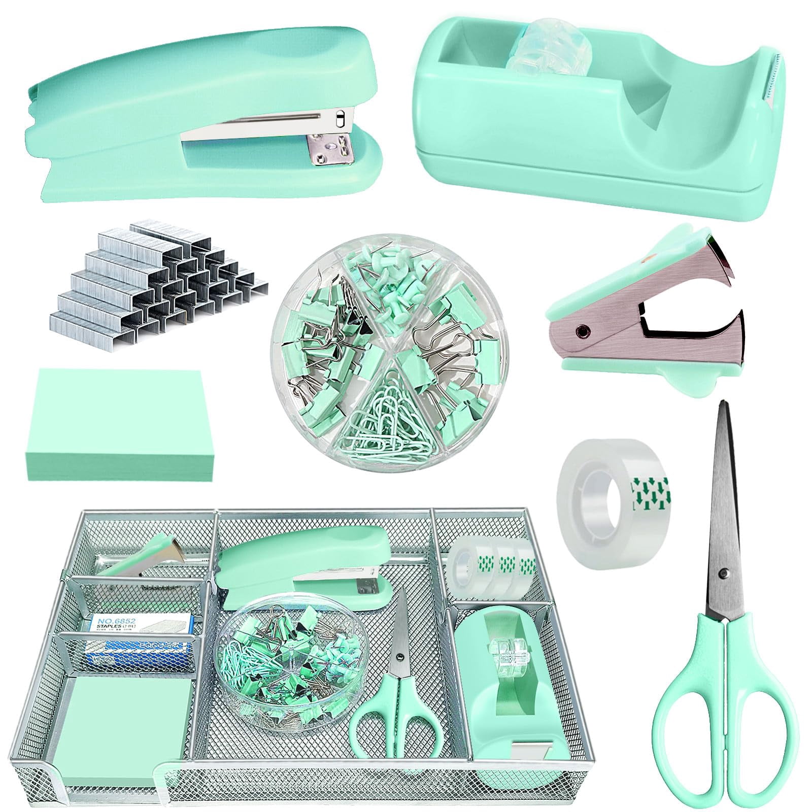 Green Office Desk Accessories  Supplies Set Drawer Organizer Stapler And Tape Dispenser Staple Remover Staples Paper Clips Scissor Sticky Note