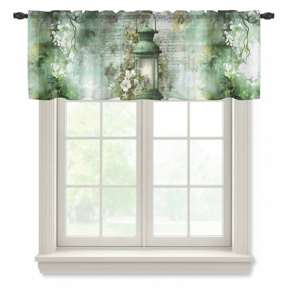 Green Oil Lights Sheer Valances for Windows, Retro White Flowers Watercolors Gradient Semi Sheer Kitchen Valance Rod Pocket Small Voile Window Curtains for Living Room Bedroom 42 x 12 Inch