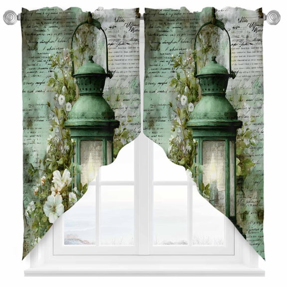 Green Oil Lights Swag Kitchen Curtain Valances, Retro White Flowers Watercolors Gradient Rod Pocket Curtains Window Treatment Decor Valances for Bedroom Bathroom, 2 Panels 28 x 36 Inch