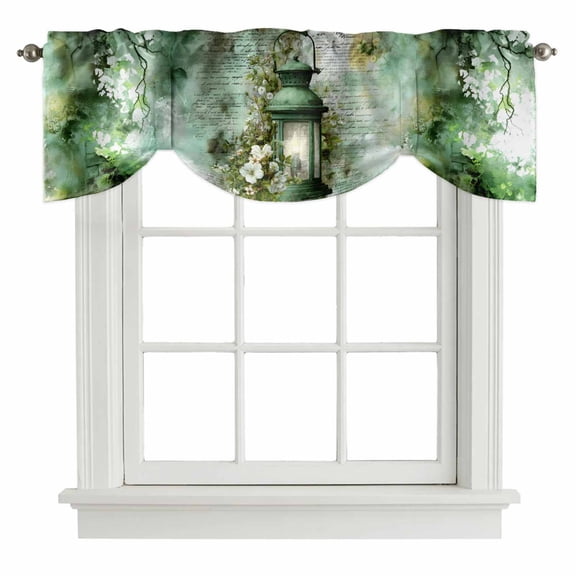 Green Oil Lights Tie Up Valance for Windows, Retro White Flowers Watercolors Gradient Adjustable Rod Pocket Tie Up Valance Curtains Window Treatment for Kitchen Bathroom Bedroom 42 X 12 Inch