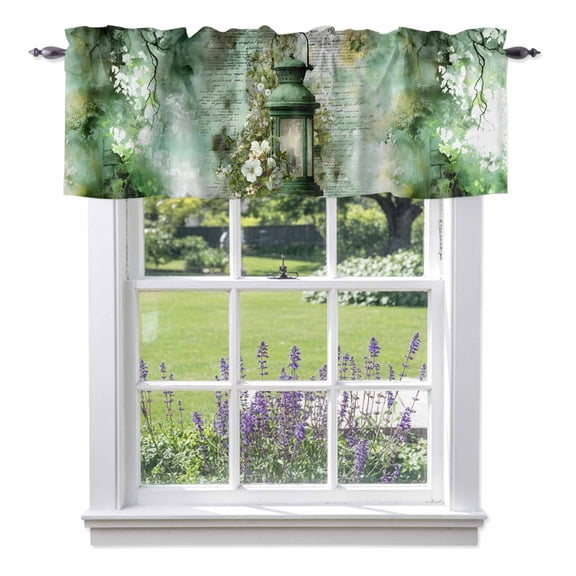 Green Oil Lights Valance Curtain Retro White Flowers Watercolors Gradient Window Valances Rod Pocket Short Curtains Window Treatments for Kitchen Bedroom Bathroom Laundry 42" x 18"