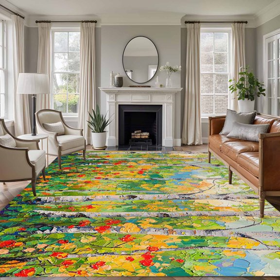 Green Oil Painting 6'x9' Area Rug for Living Room, Modern Abstract Art Summer Botanical Non-Slip Floor Mat Rugs for Bedroom Dining Room, Indoor Large Carpet for Classroom, Nursery Rugs for Playroom