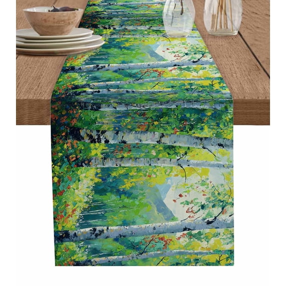 Green Oil Painting Burlap Cotton Table Runner 14x72 Inches Long, Modern Abstract Art Summer Tree Farmhouse Table Runners, Outdoor Dining Tablecloths Decor for Baby Shower/Party/Wedding