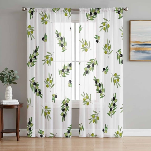 Green Olive Branches Sheer Curtains 108 Inch Length 2 Panels Set Window Treatments, Spring Pastoral Leaves Botanical Rod Pocket Semi Curtains for Living Room/Bedroom/Kitchen Décor, 104"W x 108"L