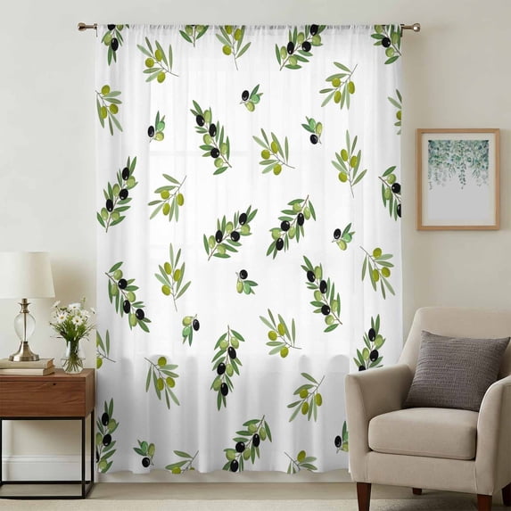 Green Olive Branches Sheer Curtains 63 Inches Long, Spring Pastoral Leaves Botanical Light Filering Curtains, Breathable Simi Curtain Privacy Drapes for Living Room Bedroom Window Treatment