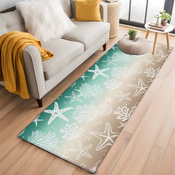 Green Ombre Coastal 2'x6' Runner Rugs for Hallway Kitchen Bedside Non Slip, Sea Nautical Summer Beach Starfish Coral Entryway Rug Runners with Rubber Backing, Long Carpet Runner for Laundry Room