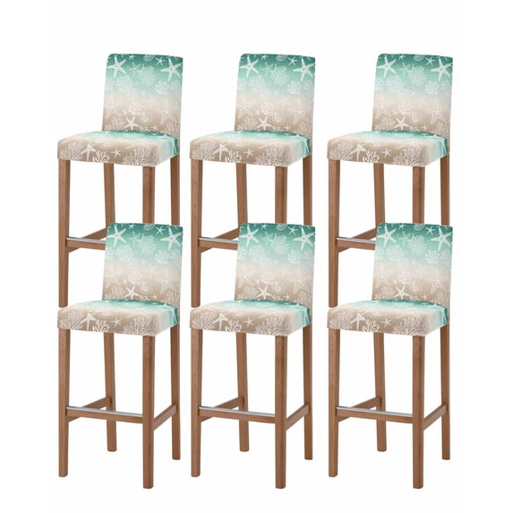 Green Ombre Coastal Bar Stool Covers Set of 6, Sea Nautical Summer Beach Starfish Coral Stretch Bar Chair Covers with Backs, Removable Pub Counter Height Chair Cover for Kitchen Dining Room Cafe