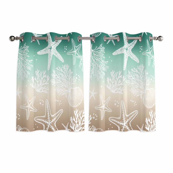 Green Ombre Coastal Kitchen Curtains Window Panels, Sea Nautical Summer Beach Starfish Coral Insulated Window Treatment Curtain, Grommet Curtains for Bedroom/Living Room/Bathroom, 2 Piece 42"Wx45"L