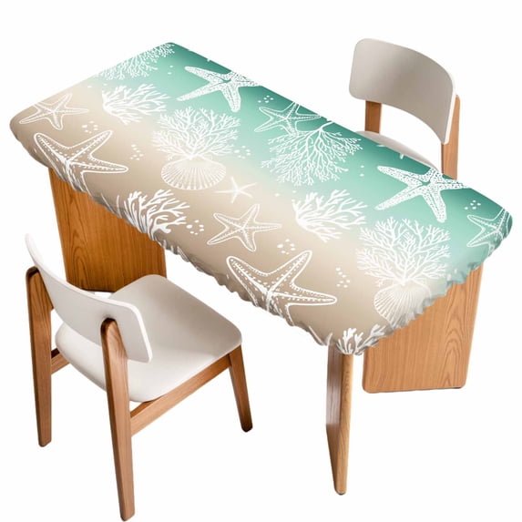 Green Ombre Coastal Table Cloths for 6 Foot Rectangle Tables, Sea Nautical Summer Beach Starfish Coral Patio Waterproof Elastic Fitted Tablecloths, Washable Rectangular Table Cover for Camping