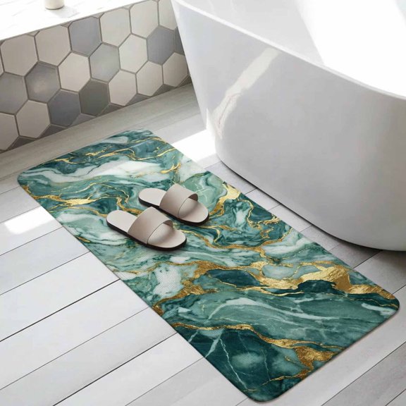 Green Ombre Golden Marble Bathroom Runner Rugs Non Slip Washable Absorbent Narrow Long Bath Mat Abstract Marble Crack Runner Rugs for Kitchen Hallway Bedroom Laundry Study Room 19.7"x63"