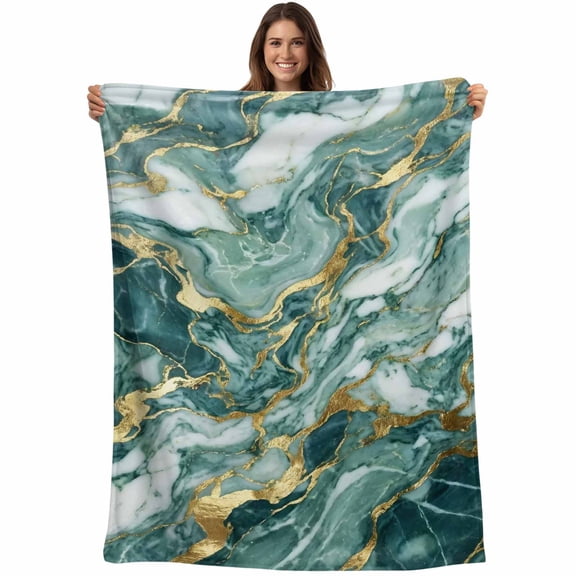 Green Ombre Golden Marble Blanket Soft Cozy Warm Twin Blanket for Bed, Plush Fuzzy Flannel Fleece Blankets for Sofa, Abstract Marble Crack Throw Blankets for Couch, Lightweight Gifts, 60"x80"