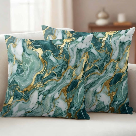 Green Ombre Golden Marble Outdoor Waterproof Throw Pillow Covers 18x18 Set of 2, Abstract Marble Crack Decorative Pillowcases Cushion Pillowcase for Couch Sofa Patio Outside Pillow Protector