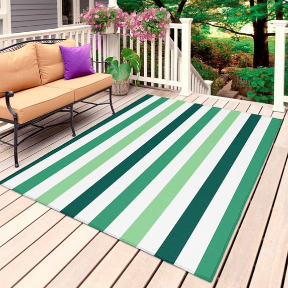 Green Ombre Grey Striped Outdoor Rug for Patio/Deck/Porch, Non-Slip Large Area Rug 5 x 7 Ft, Farmhouse Stripe Modern Indoor Outdoor Rugs Washable Area Rugs, Reversible Camping Rug Carpet Runner