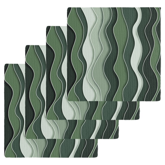 Green Ombre Kitchen Dish Towels for Drying Dishes Set of 4, Abstract Art Moire Ocean Waves Waffle Weave Microfiber Hand Tea Bathroom Towels Quick Dry & Absorbent Towel 12x12