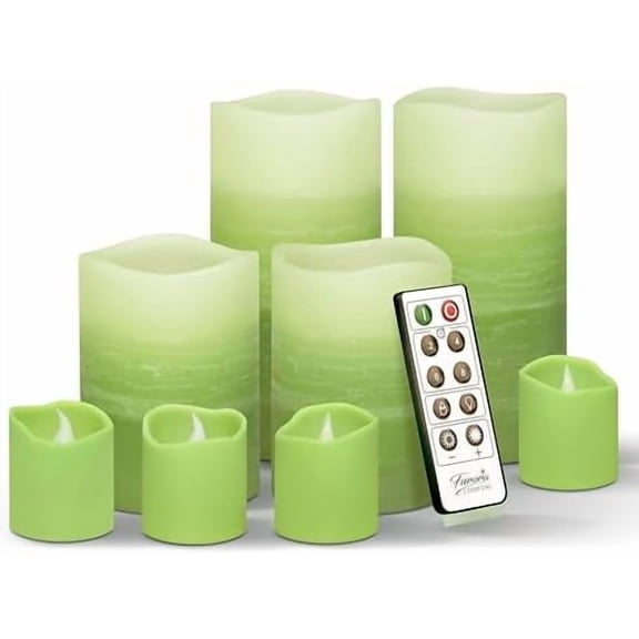 Green Ombre LED Candles with Remote, 4 Pillar and 4 Votives Pack of 8, Real Wax Flameless Flickering Candles for Home Décor, Battery Operated