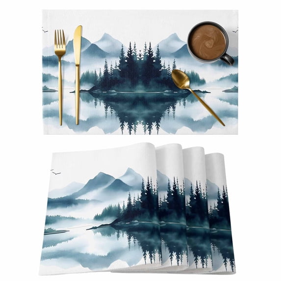 Green Ombre Landscape Placemats Set of 4 Watercolor Forest Lake Place Mats Indoor Wipeable Table Mats Washable Cloth Dining Table Placemats for Kitchen Holiday Party Home Decor 13x19 Inch