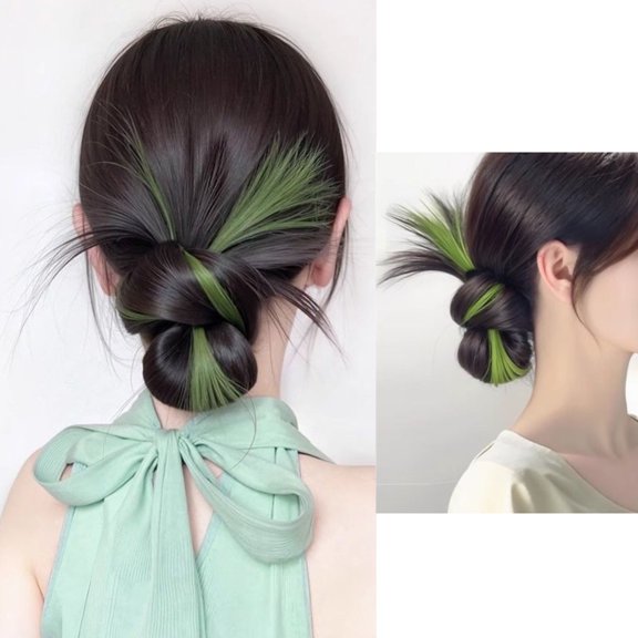 Green Ombre Low Bun Hairpiece, Clip-On Wear, Easy Updo for Daily Commute, Lazy Styling, Suitable for All Face Types and Skin Tones