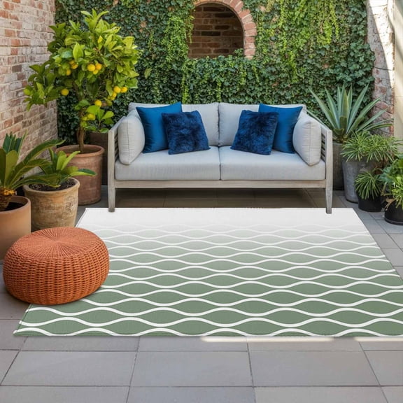Green Ombre Morocco Indoor Outdoor Rugs 4x6 Ft, Modern Geometric Wave Lines Abstract Outdoor Patio Rugs Mat Washable Outside Area Rugs Carpet for Porch Deck RV Camping Pool Balcony Backyard