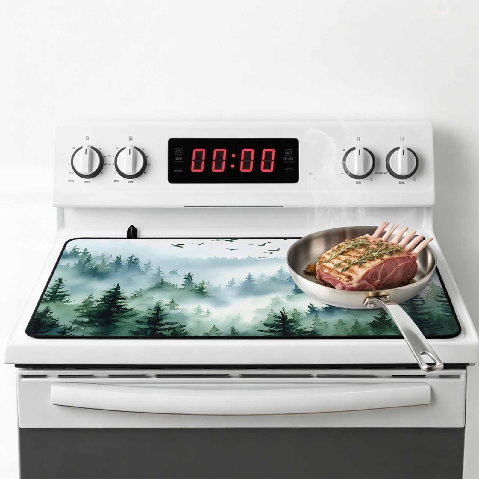 Green Ombre Mountain Stove Top Cover for Electric Stove, Heat-proof & Non Slip Glass Top Stove Cover Protector, Watercolor Forest Kitchen Flat Cooktop Rubber Mat 24x21 Inches