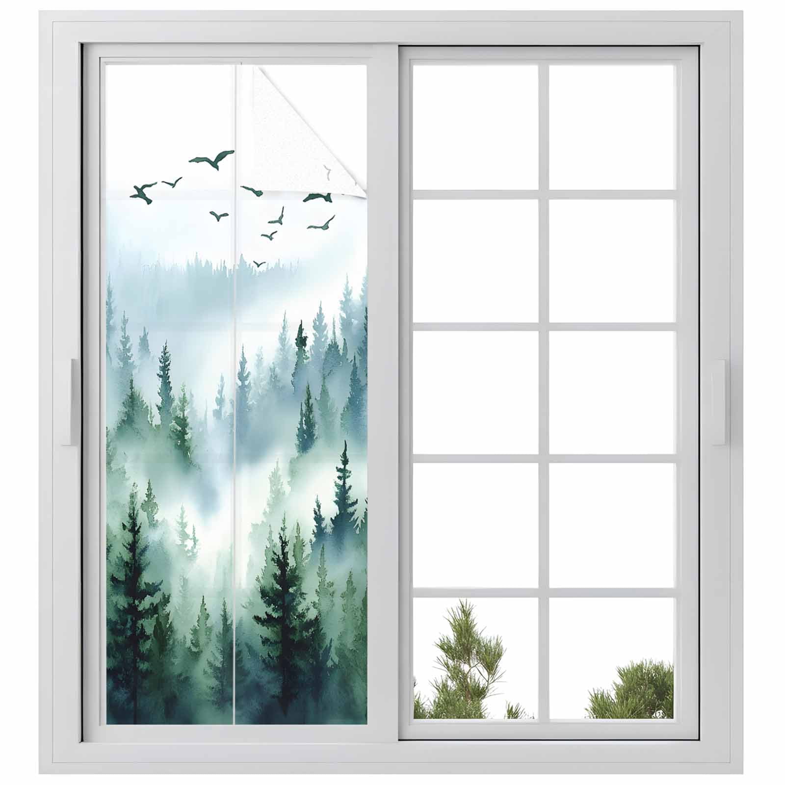 Green Ombre Mountain Window Privacy Film, Watercolor Forest Static Cling UV Sun Blocking Heat Control Window Tint Day and Night, Non-Adhesive Reusable One Way Windows Privacy Cover 23.6''x59''