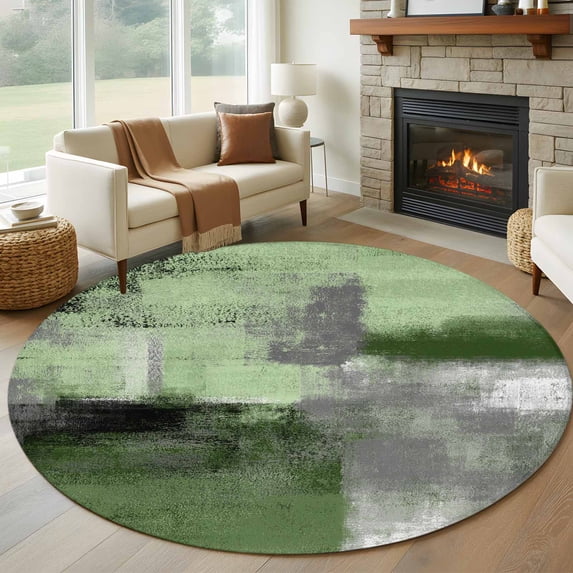 Green Ombre Round Area Rug 6 FT, Non Slip Bedroom Rugs, Farmhouse Abstract Mottled Texture Art Washable Soft Circular Carpet Non-Shedding Floor Mat for Kitchen Dining Room Home Office Kids Room
