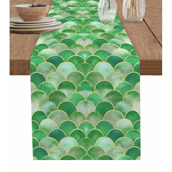 Green Ombre Scale Table Runner Cotton Linen 36 Inch Holiday Dresser Scarves, Abstract Art Ocean Coastal Tablerunner for Kitchen Coffee Dining Bedroom Home Living Room Dinner Scarf Décor 13''x36''